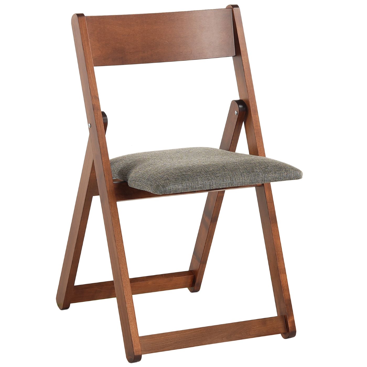 A Folding Chair in brown stained wood with a grey cloth seat sits on a field of white