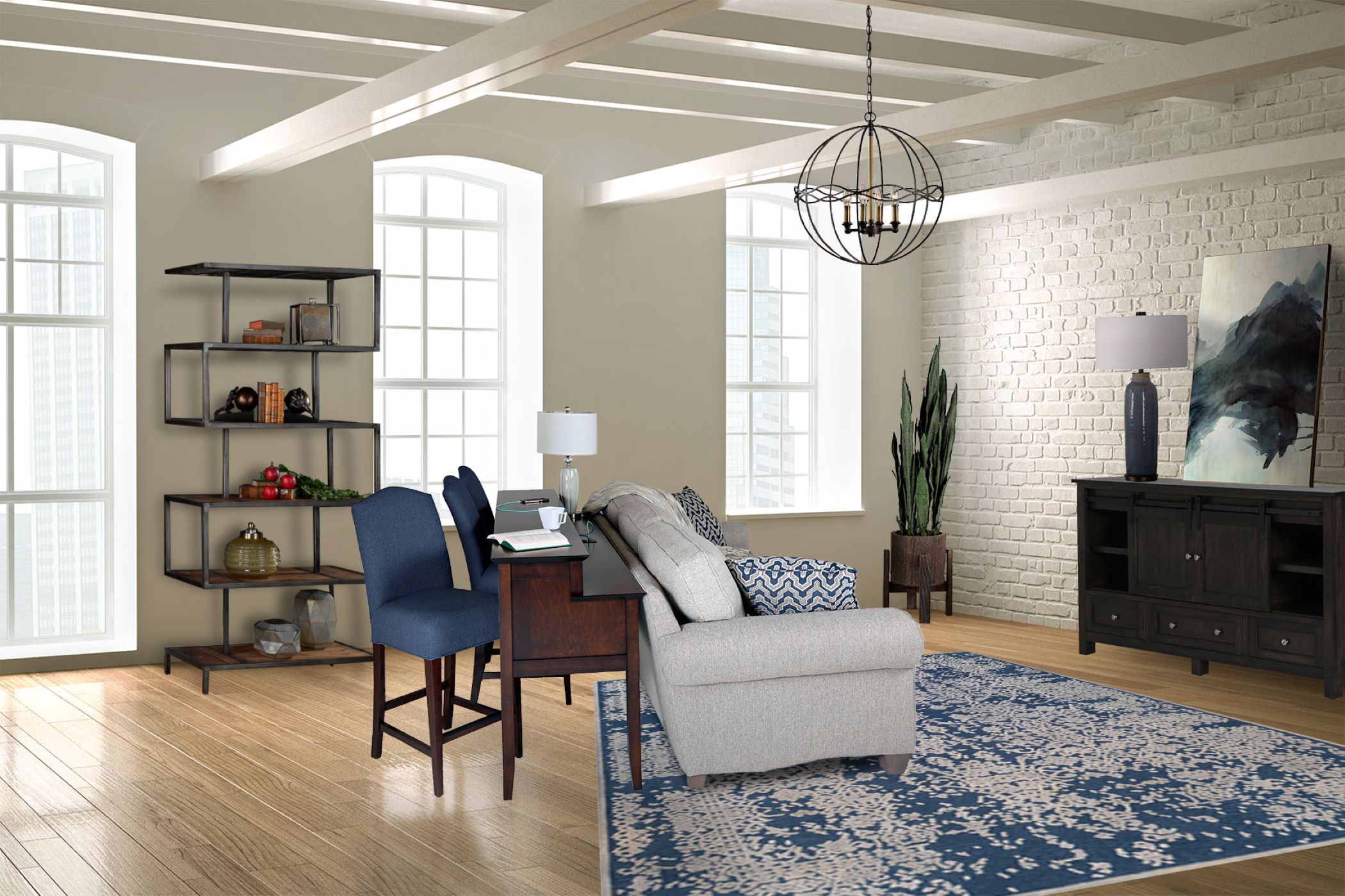 The Matrix Gathering Console sits behind a grey sofa in a white living room with exposed white beams and a white brick wall