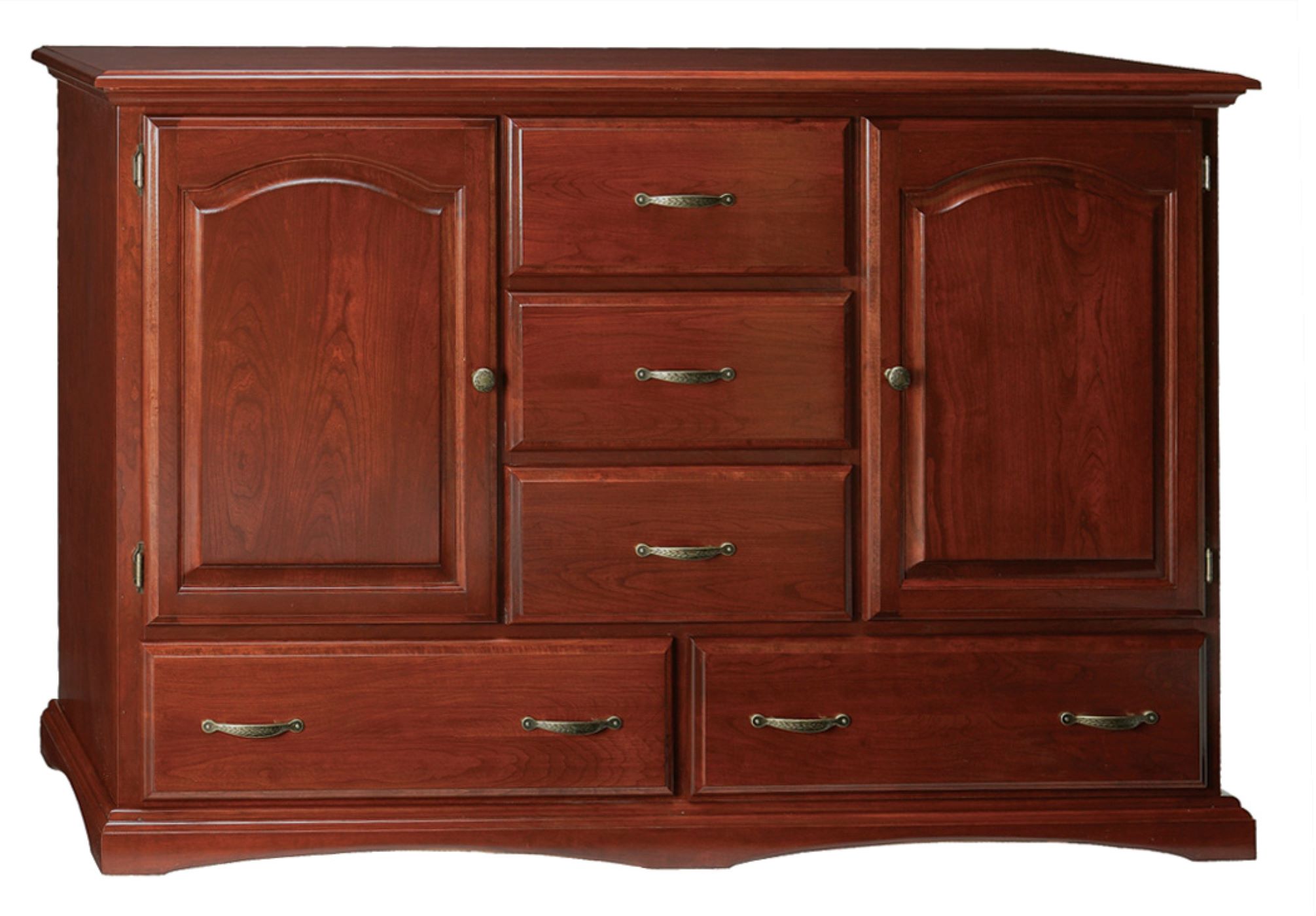 The Windsor Double Door Dresser with reddish brown stain and brass hardware sits on a field of white