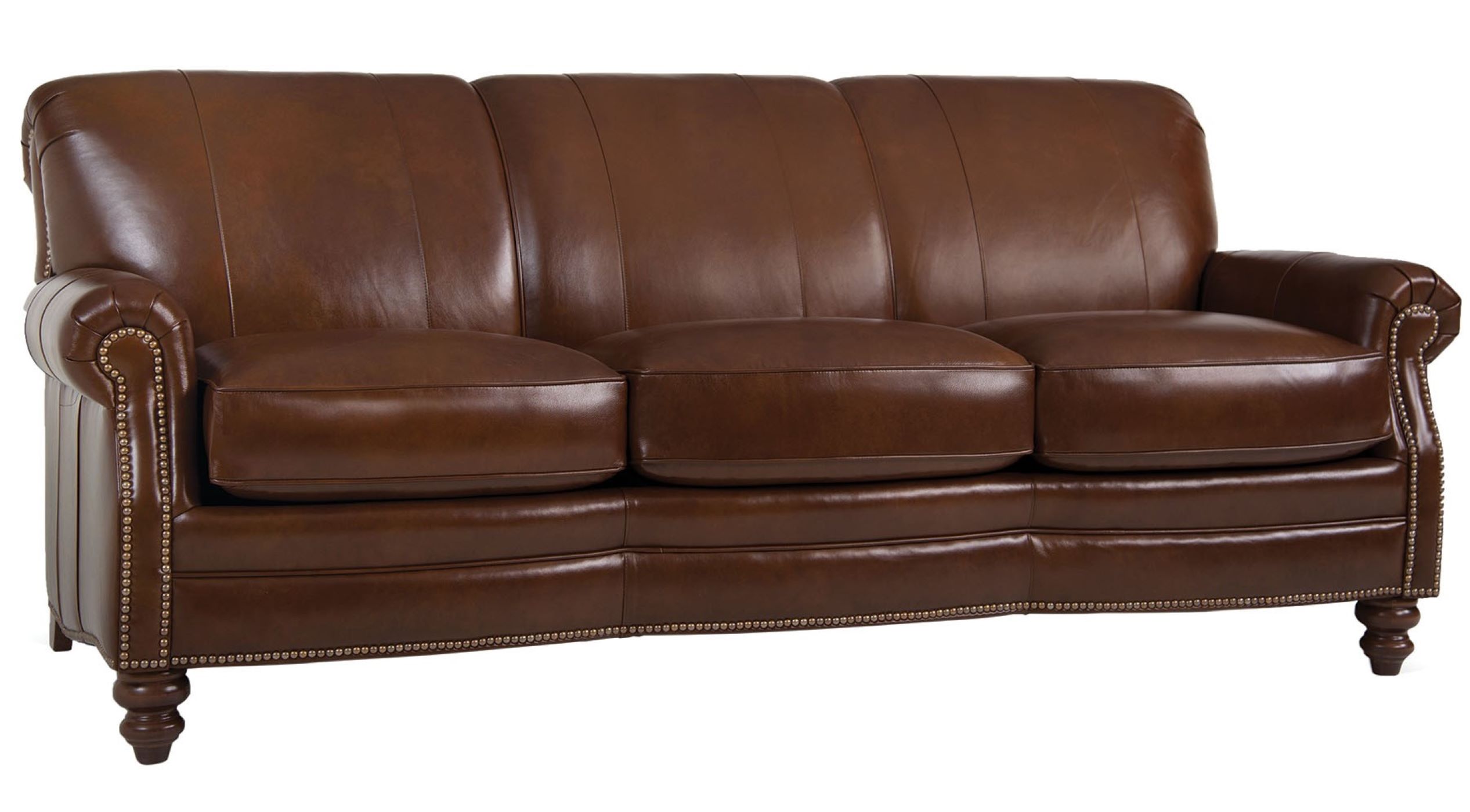 The Big Bang Theory Couch in dark brown leather sits on a field of white