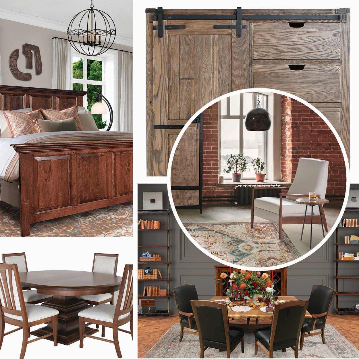 An elaborate inspiration board showcasing bedroom furniture, living room furniture, dining, and decor all in fall themes