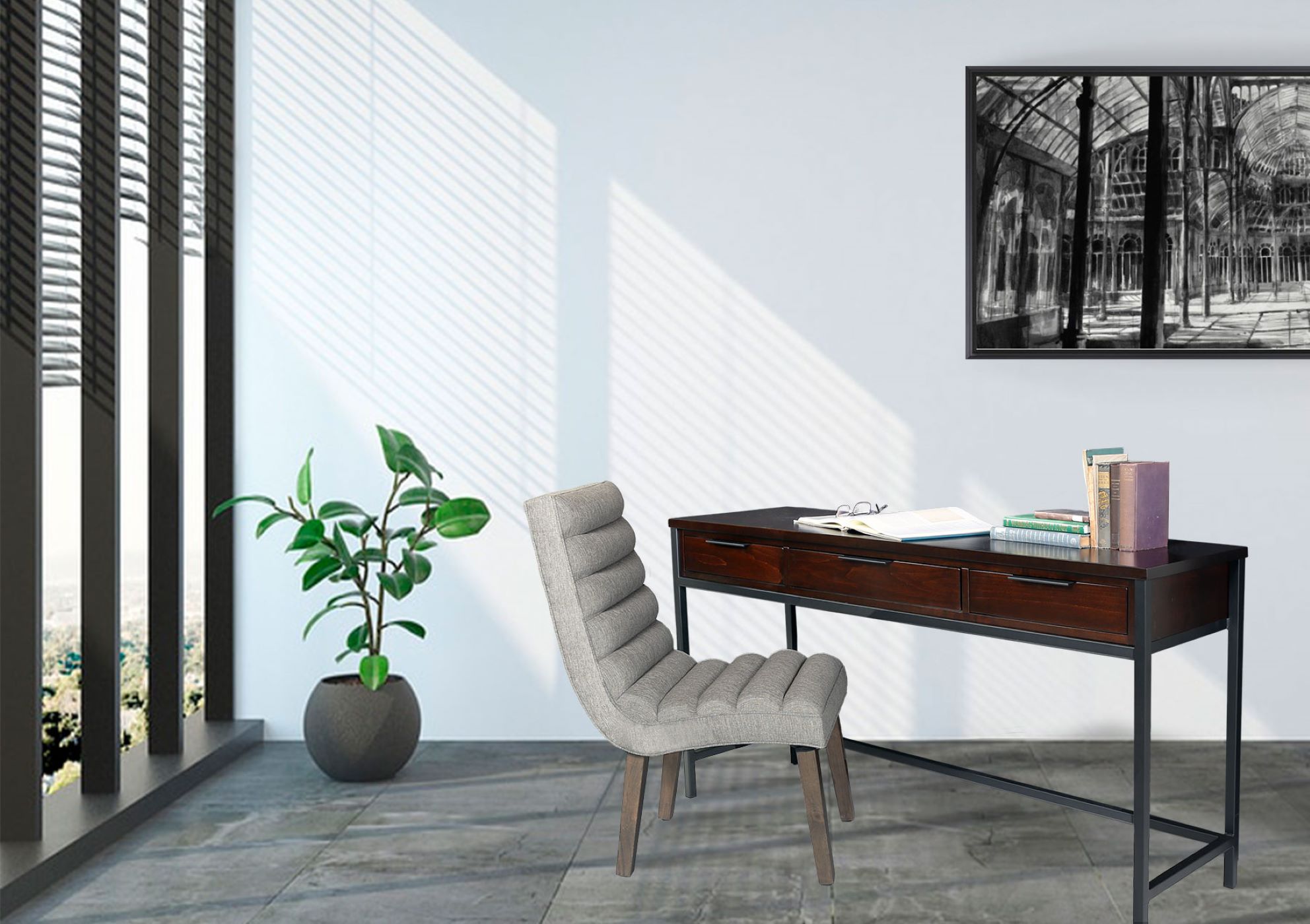 The Dane Console Desk sits in a spacious, modern living room with white walls and large floor to ceiling windows surrounded by decor and next to an office chair