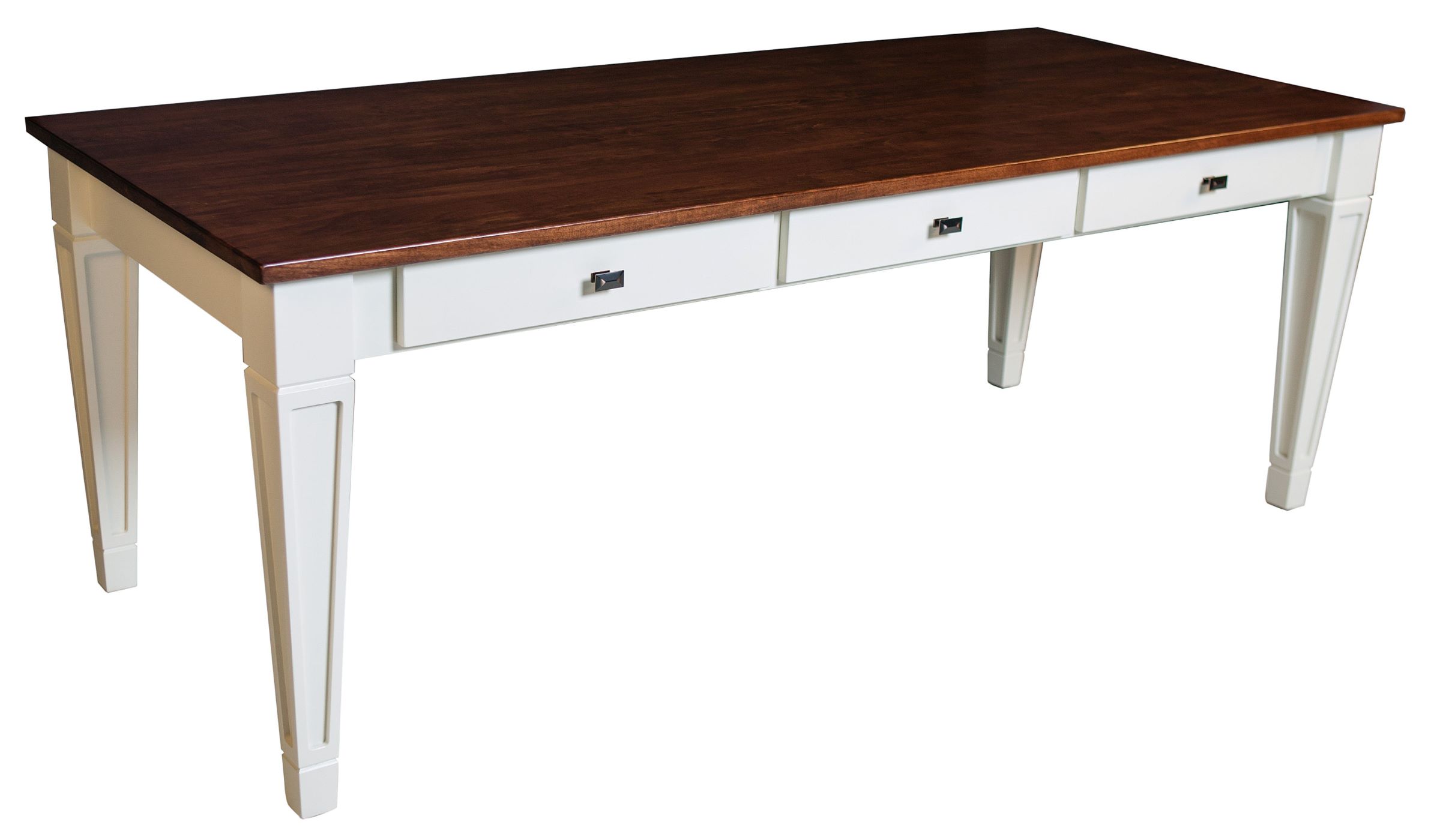 The Vallis Writing Desk in white with a brown table surface sits on a field of white