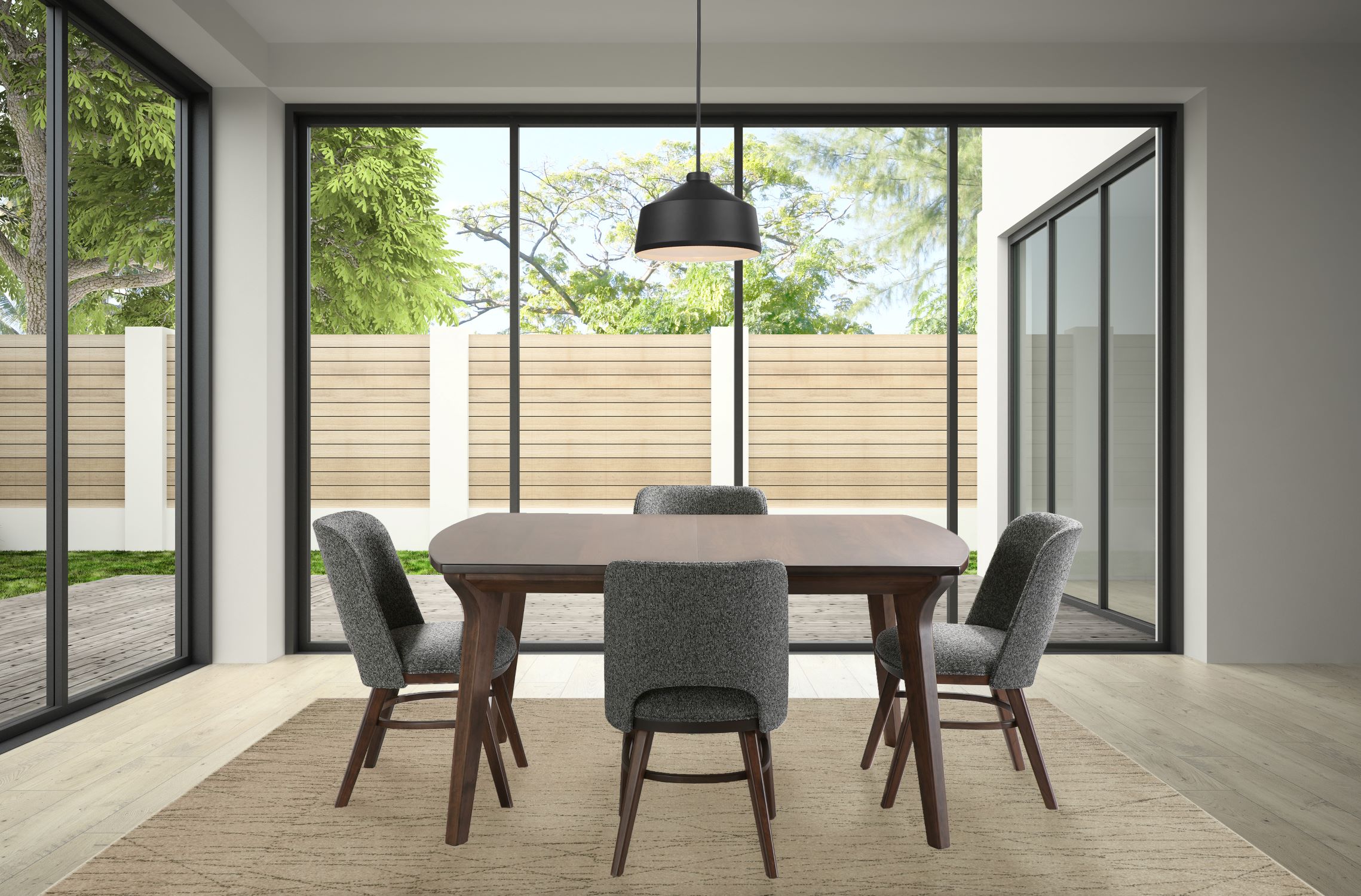 The Vinny Table and Violet Chairs sit in an ultra modern dining area in a modern style home