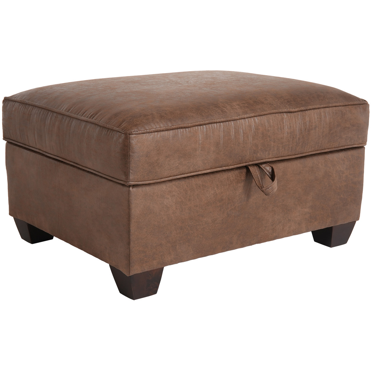 The Marshfield McClain Storage Ottoman in brown leather sits on a field of white