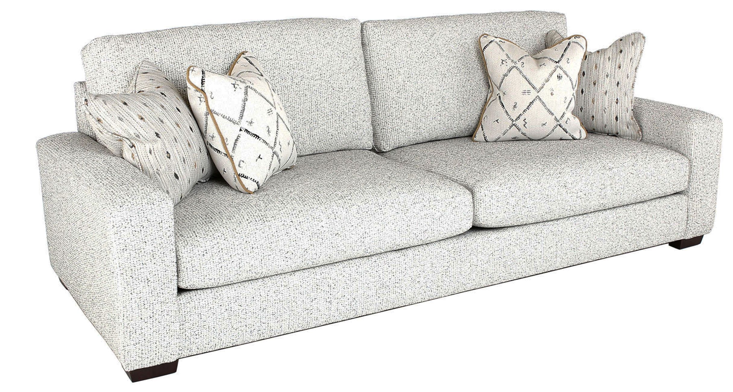 The Miles Sofa in textured light grey upholstery with decorative throw pillows sits on a field of white