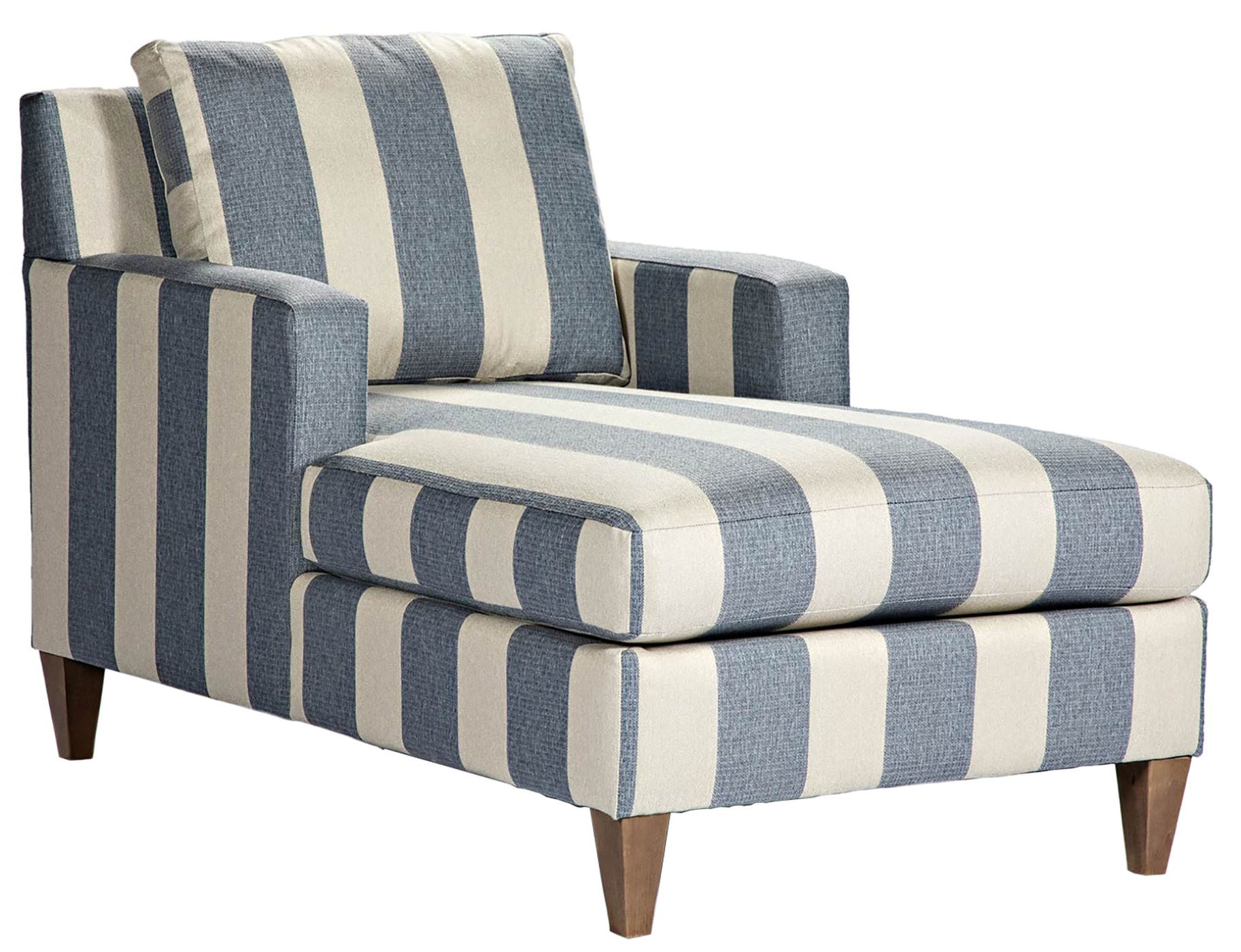 The Carmen Chaise lounge in blue and cream striped upholstery sits on a field of white