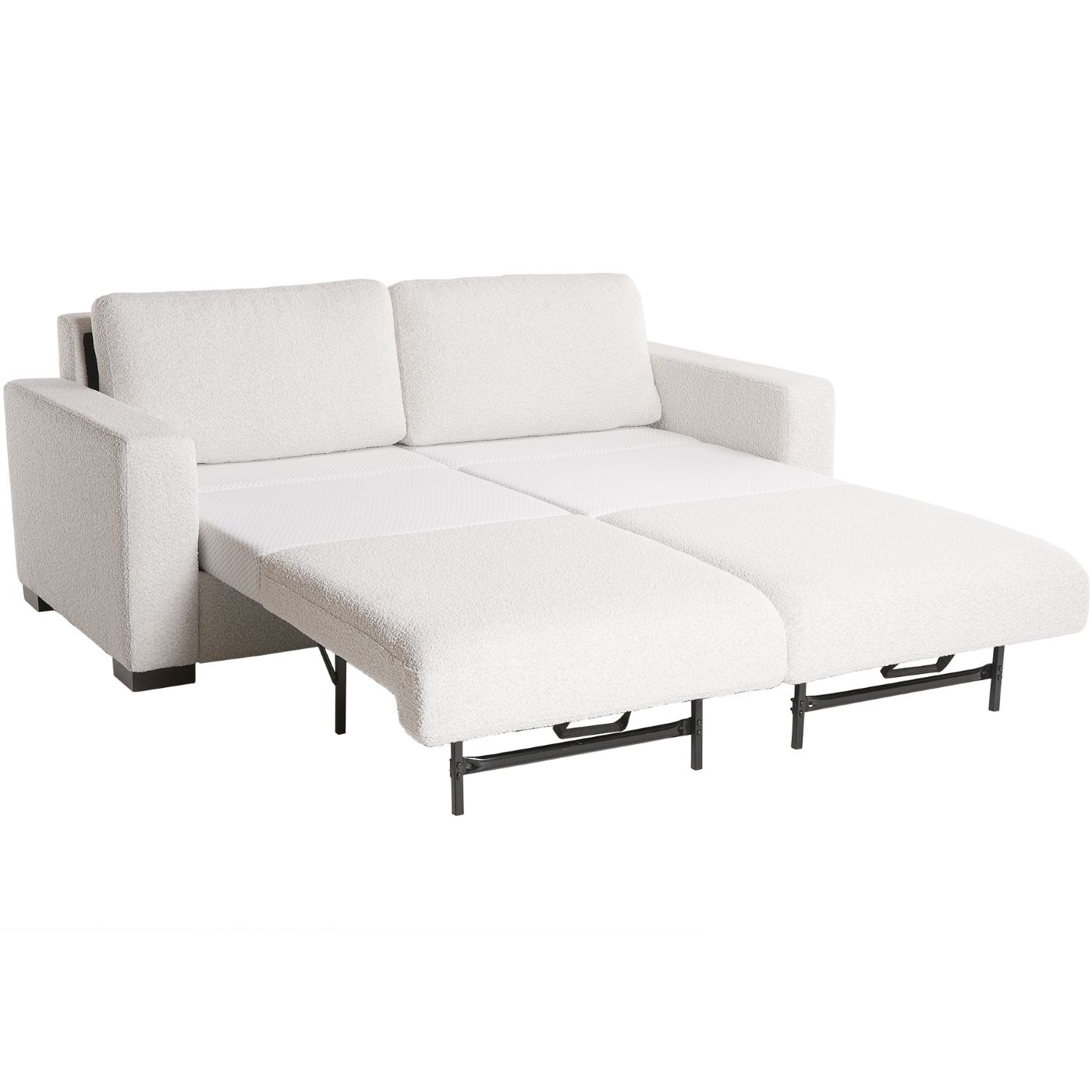 The Revere Sleeper Sofa in textured white upholstery sits unfolded into a bed on a field of white