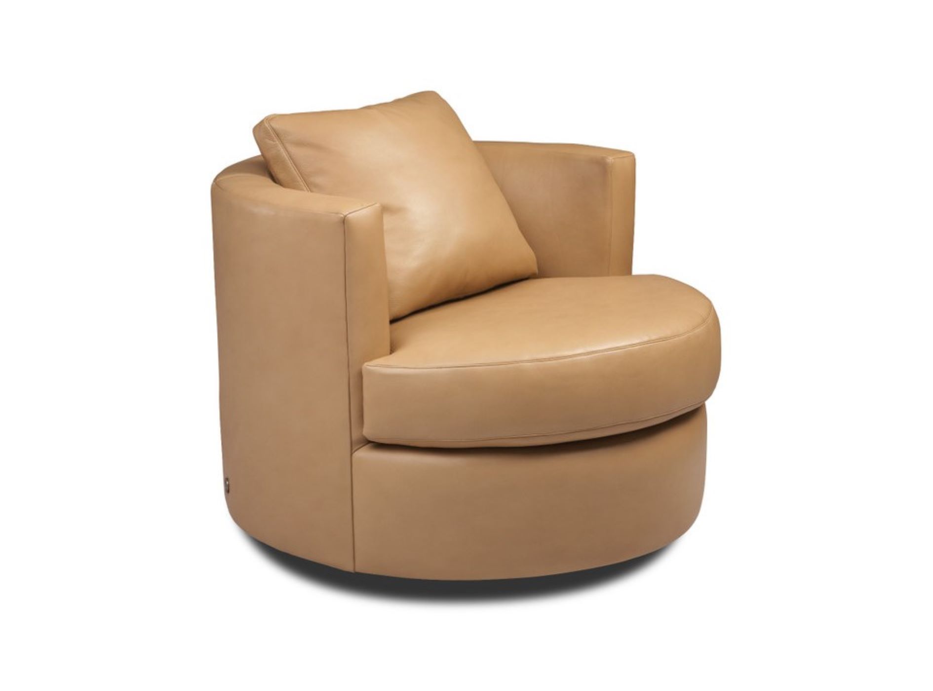 The Emma Swivel Barrel Chair in light brown leather sits on a field of white