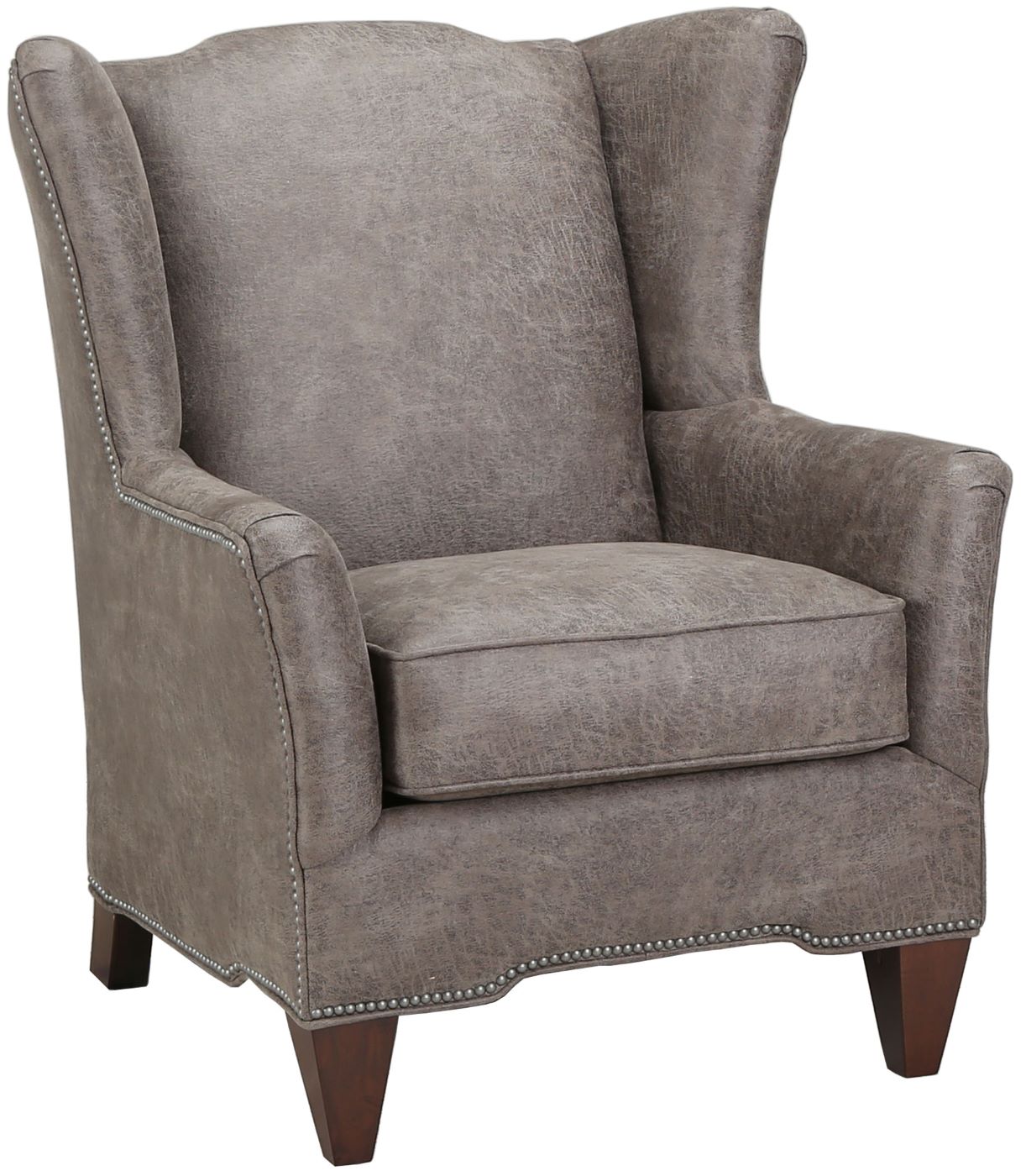 The Preston Wingback Chair in mottled grey leather sits on a field of white