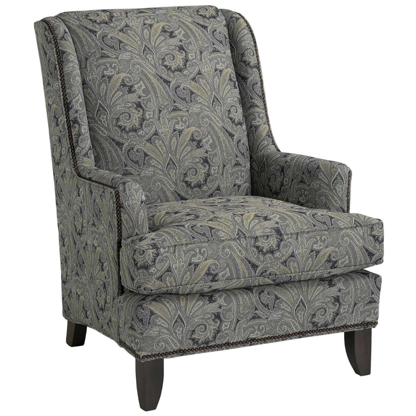 The Smith 530 Occasional Chair with argyle blue, green, and cream upholstery sits on a field of white