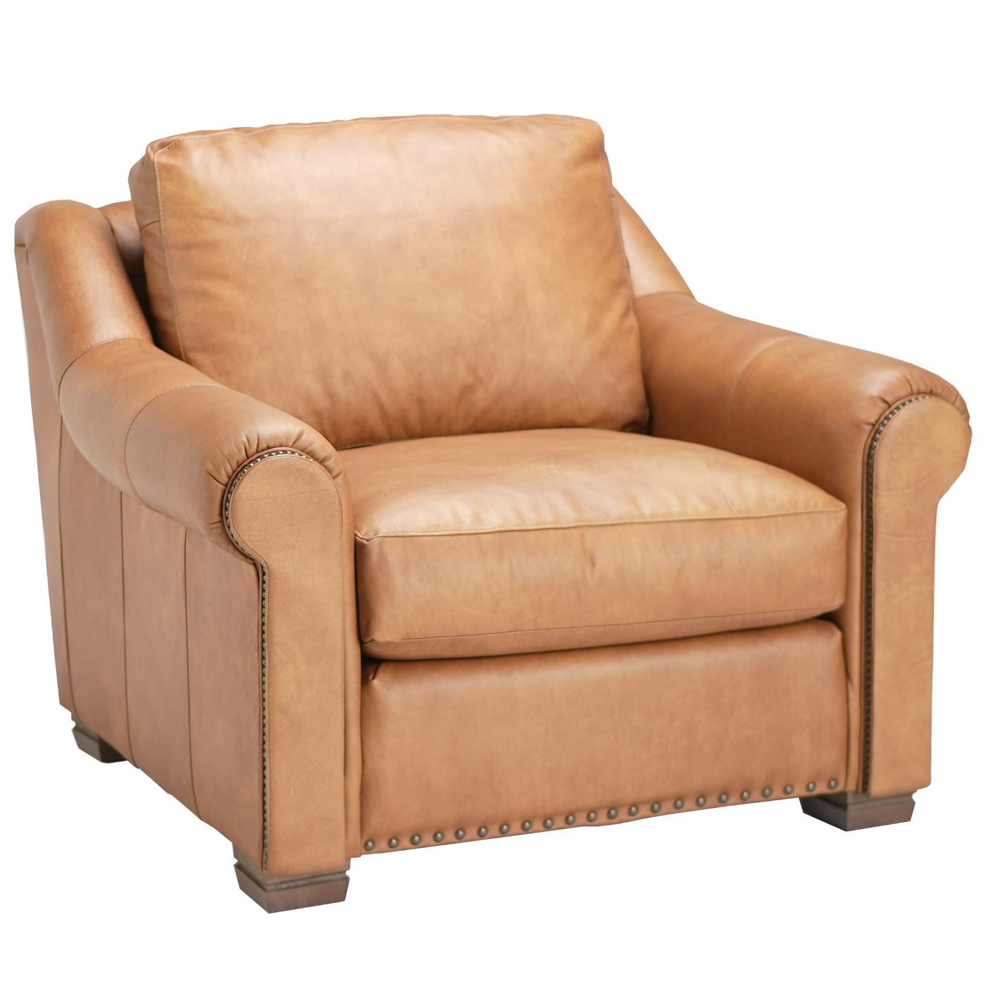 The Smith 9000 Club Chair in plush light brown leather sits on a field of white