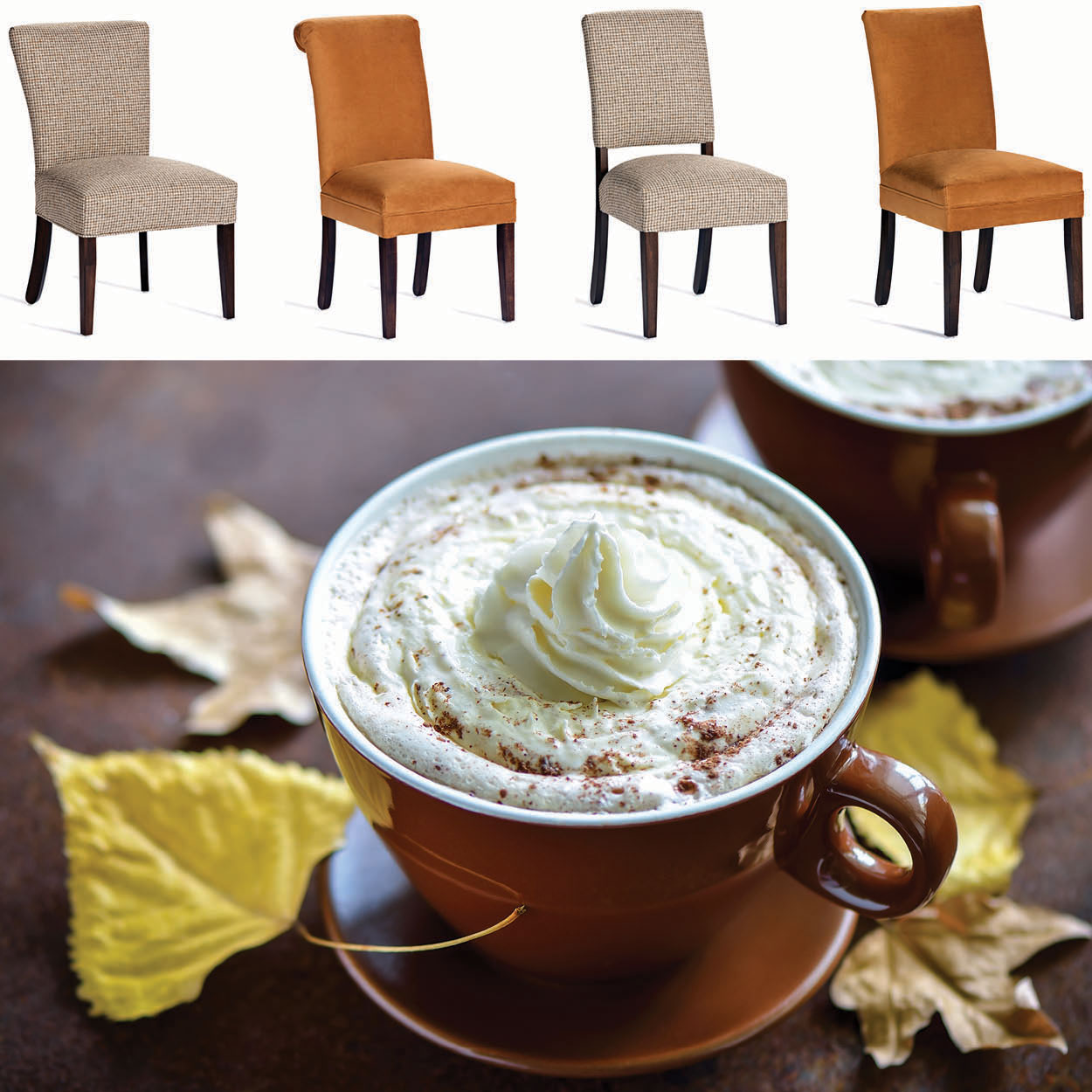 Various dining chairs in fall colors sit in a row above a pumpkin spice latte on a table amongst fall leaves