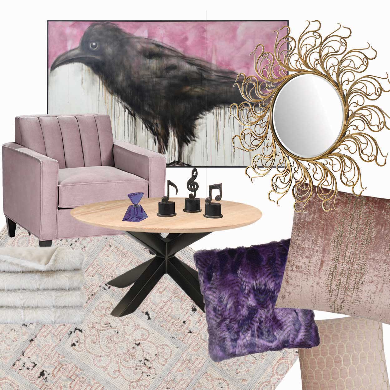 An inspiration board featuring furniture and decor in various shades of pink and purple