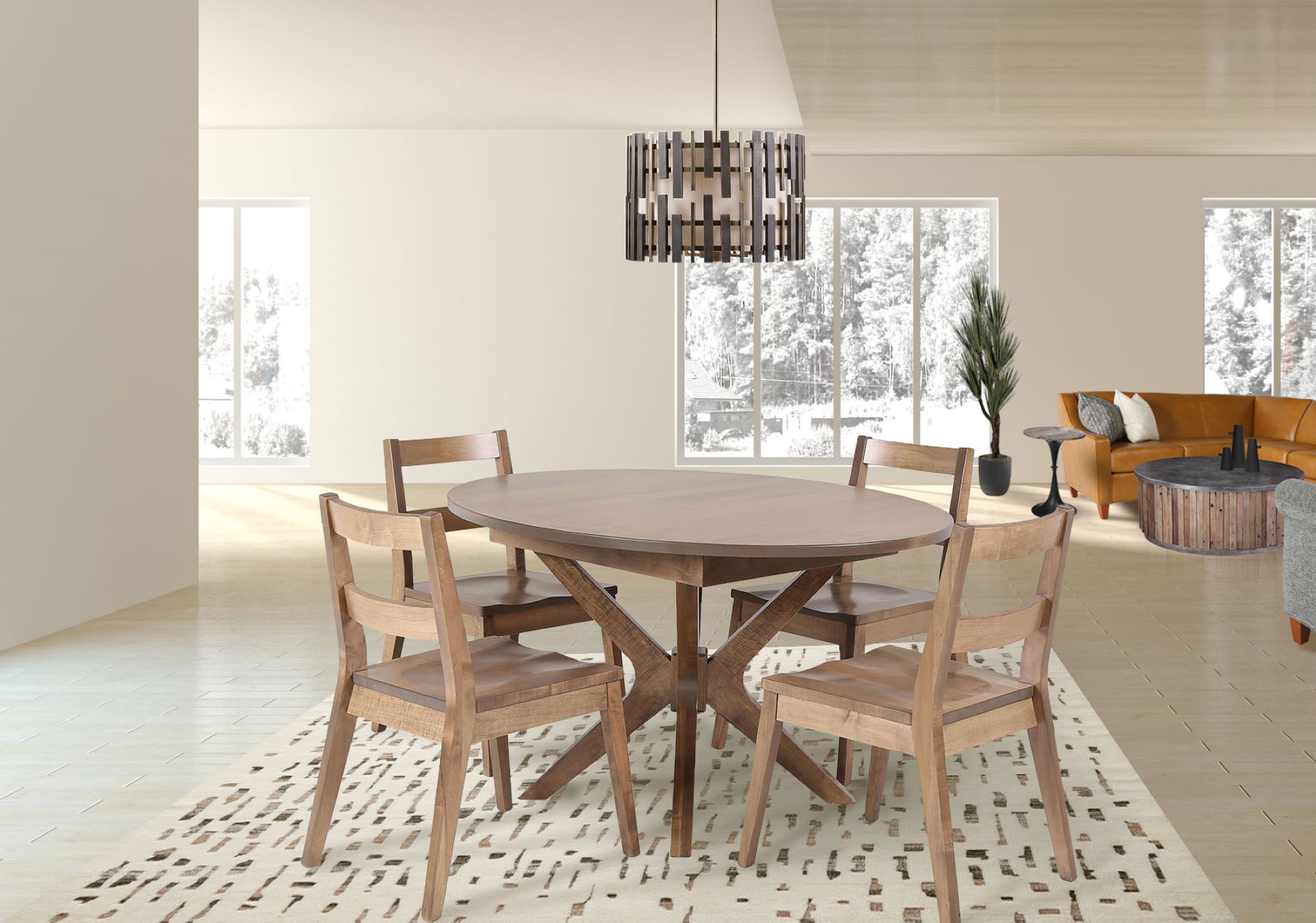 The Vahn Dining Table and Shea Chairs sits in a modern dining area just off a living room and kitchen