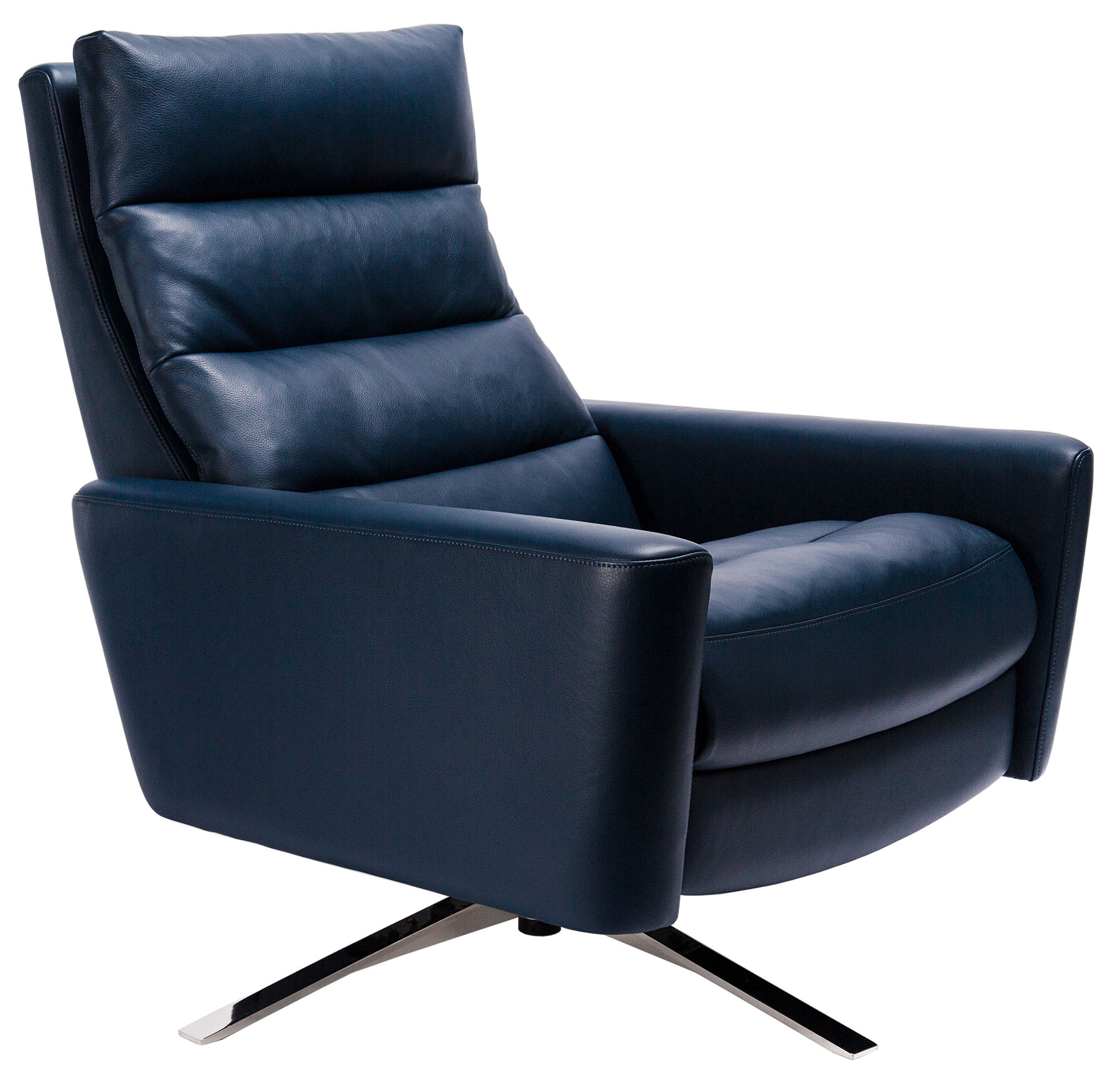 The Cirrus Comfort Air Chair in blue leather with bronze feet sits on a field of white